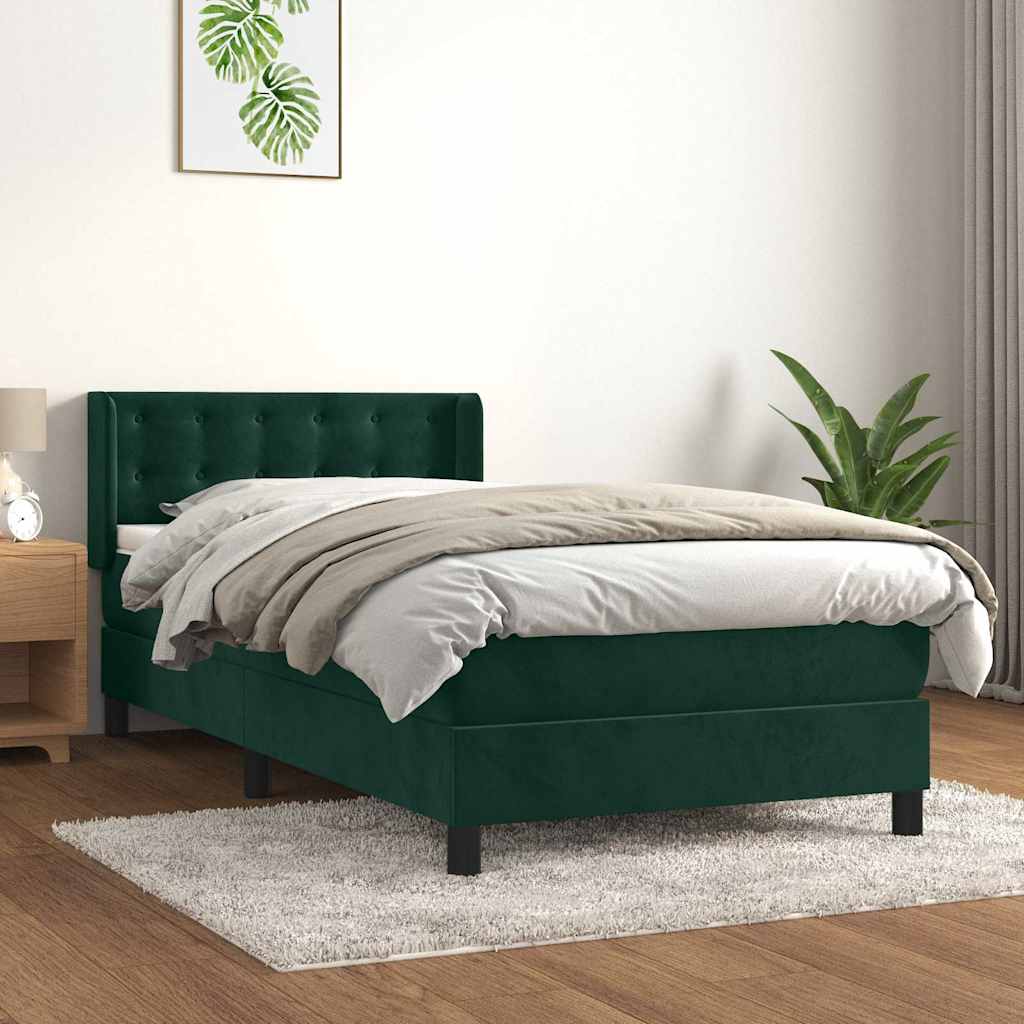 vidaXL Κρεβάτι Boxspring με Στρώμα Σκούρο Πράσινο 90x190 εκ. Βελούδινο