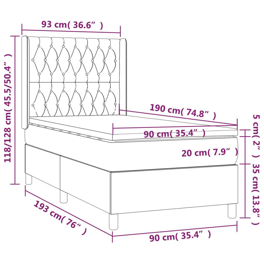 vidaXL Κρεβάτι Boxspring με Στρώμα Κρεμ 90x190 εκ.Υφασμάτινο