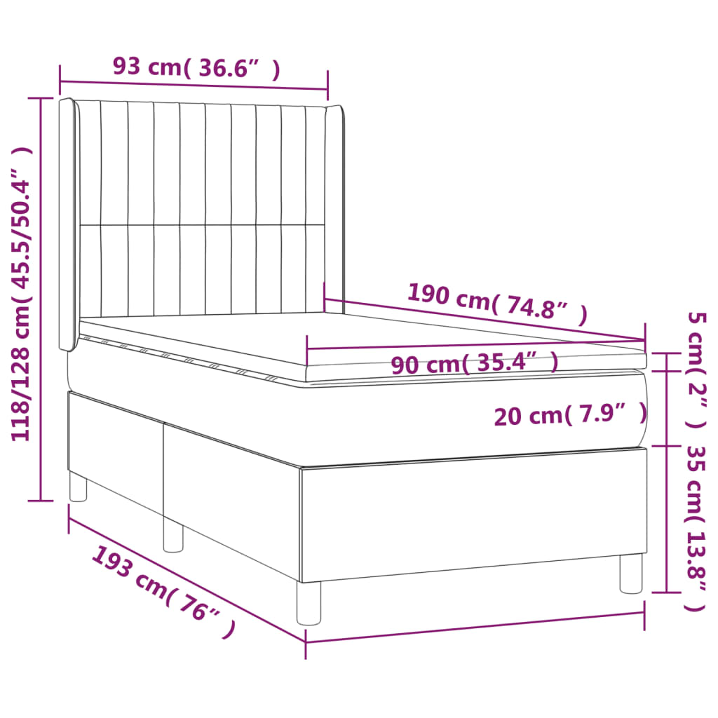 vidaXL Κρεβάτι Boxspring με Στρώμα Σκούρο Γκρι 90x190 εκ. Υφασμάτινο