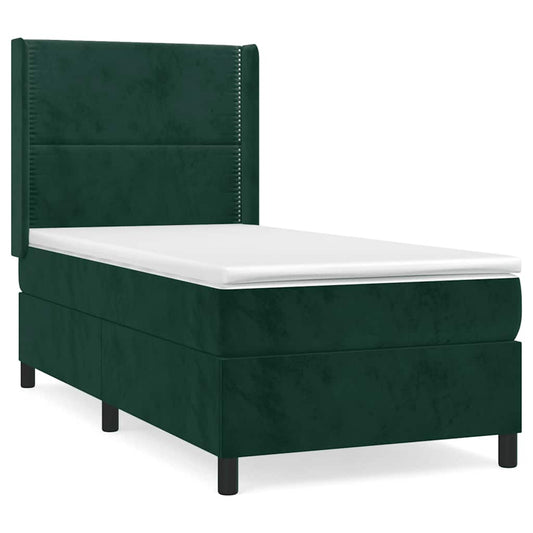 vidaXL Κρεβάτι Boxspring με Στρώμα Σκούρο Πράσινο 90x200 εκ. Βελούδινο