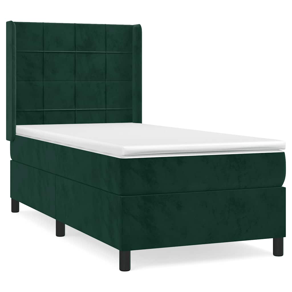 vidaXL Κρεβάτι Boxspring με Στρώμα Σκούρο Πράσινο 90x190 εκ. Βελούδινο