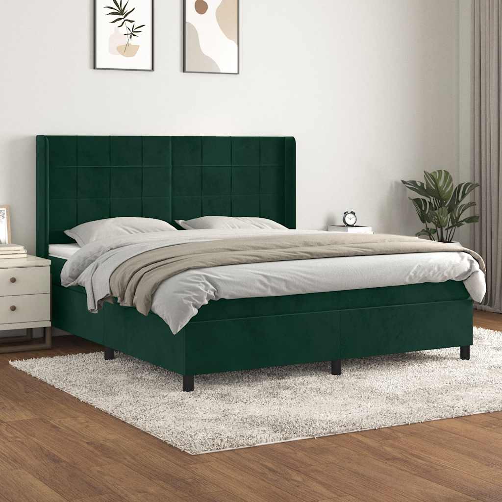vidaXL Κρεβάτι Boxspring με Στρώμα Σκούρο Πράσινο 180x200εκ. Βελούδινο