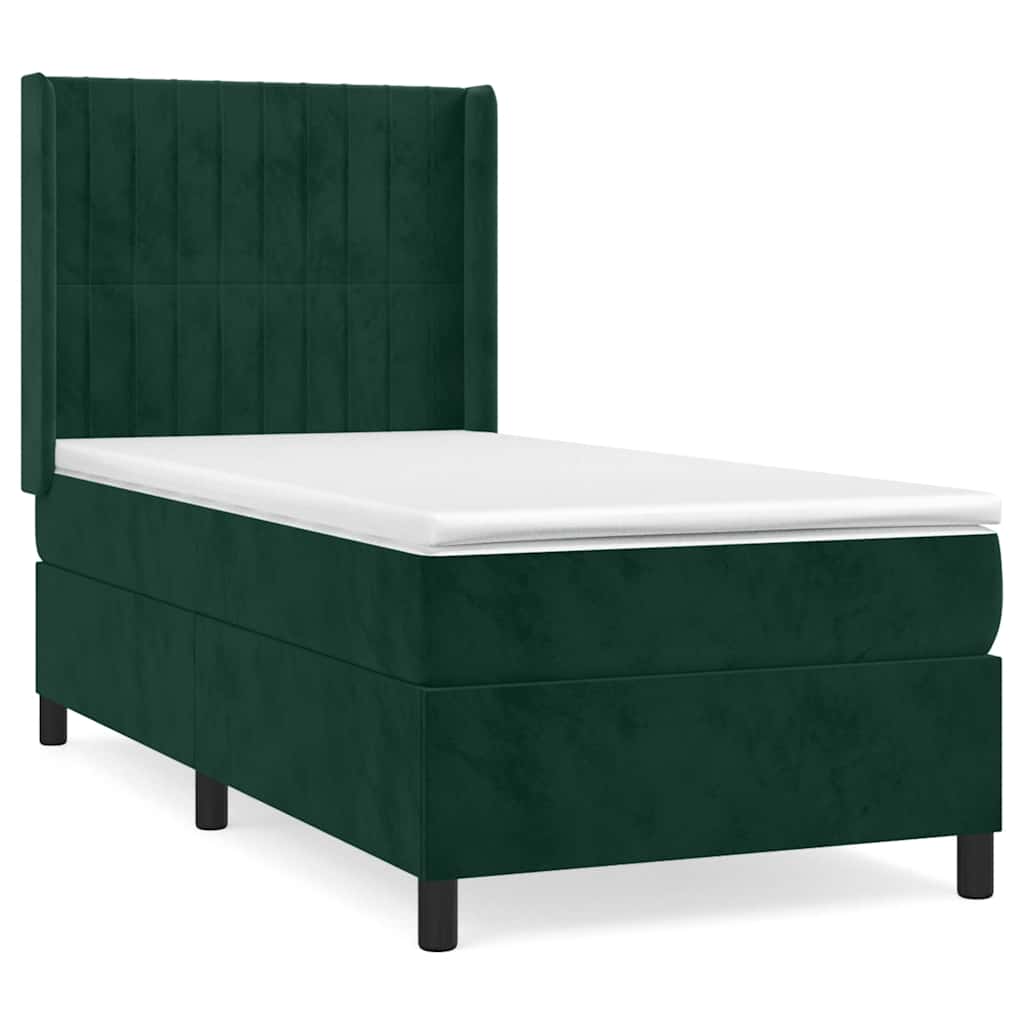 vidaXL Κρεβάτι Boxspring με Στρώμα Σκούρο Πράσινο 90x200 εκ. Βελούδινο