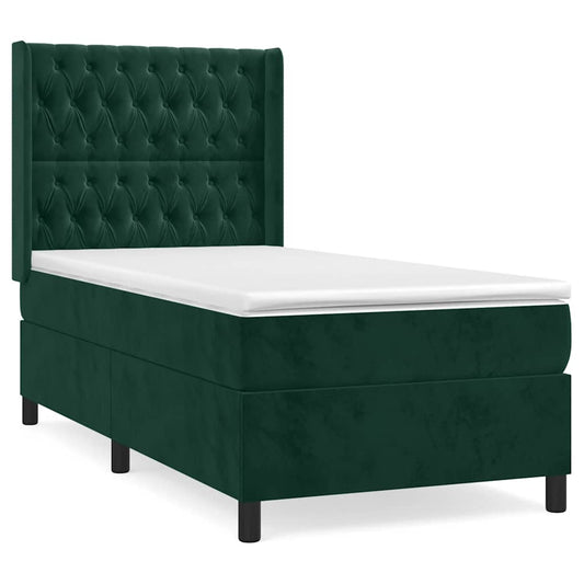 vidaXL Κρεβάτι Boxspring με Στρώμα Σκούρο Πράσινο 90x190 εκ. Βελούδινο