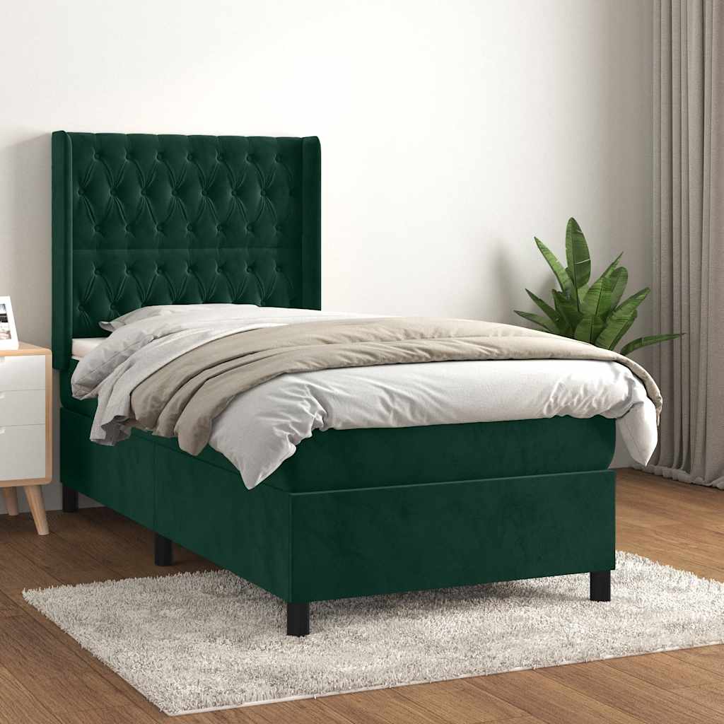 vidaXL Κρεβάτι Boxspring με Στρώμα Σκούρο Πράσινο 90x190 εκ. Βελούδινο