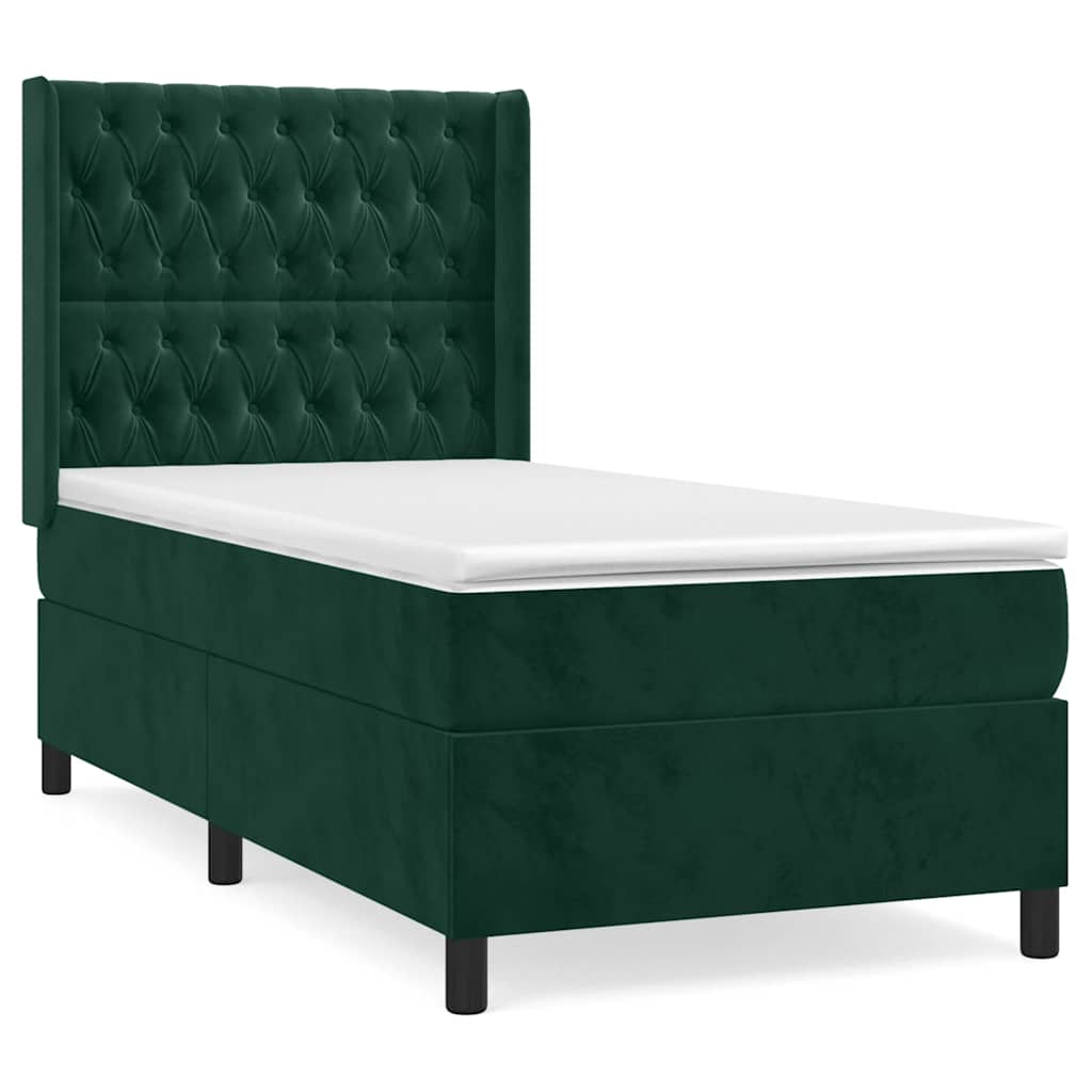 vidaXL Κρεβάτι Boxspring με Στρώμα Σκούρο Πράσινο 90x200 εκ. Βελούδινο
