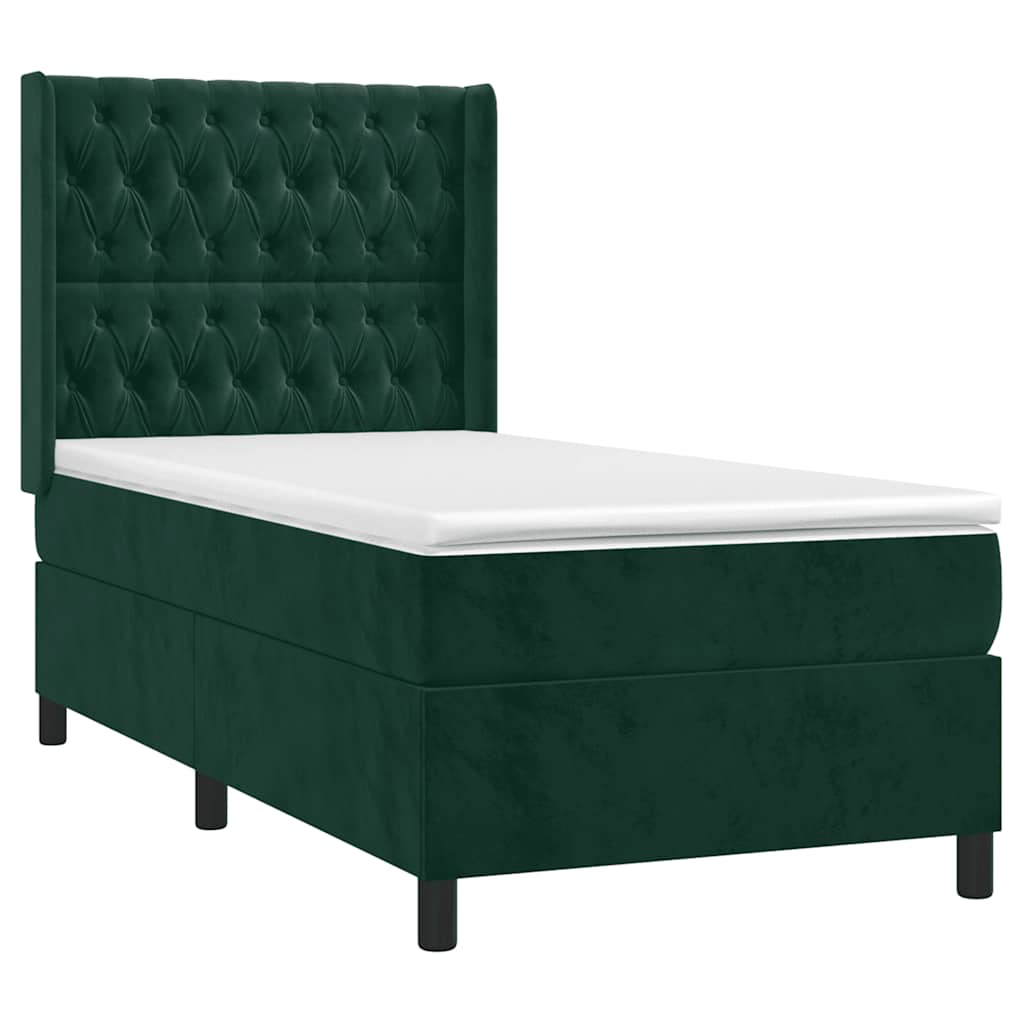 vidaXL Κρεβάτι Boxspring με Στρώμα Σκούρο Πράσινο 90x200 εκ. Βελούδινο