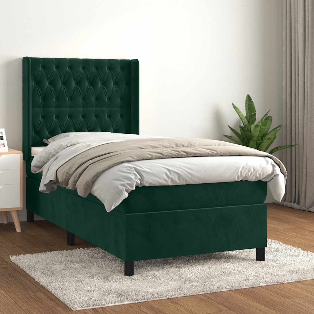 vidaXL Κρεβάτι Boxspring με Στρώμα Σκούρο Πράσινο 90x200 εκ. Βελούδινο