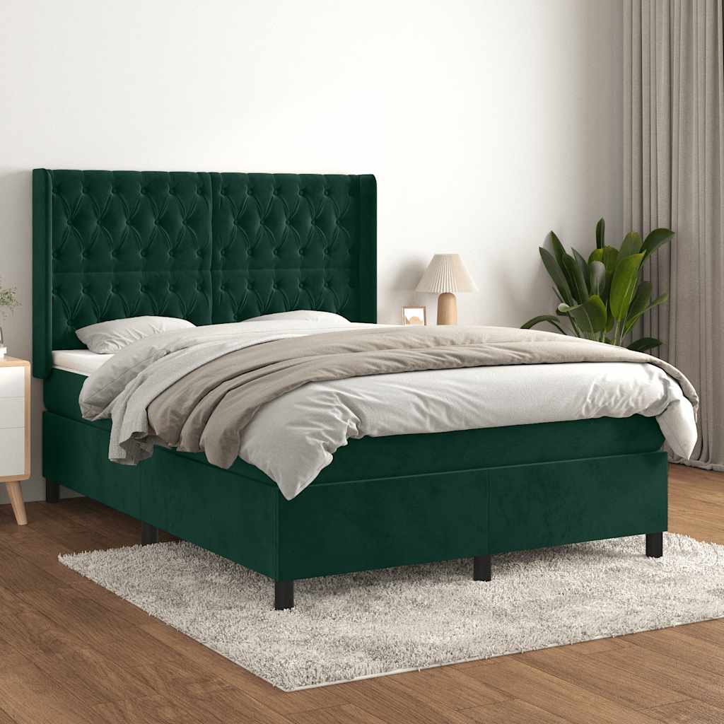 vidaXL Κρεβάτι Boxspring με Στρώμα Σκούρο Πράσινο 140x200εκ. Βελούδινο