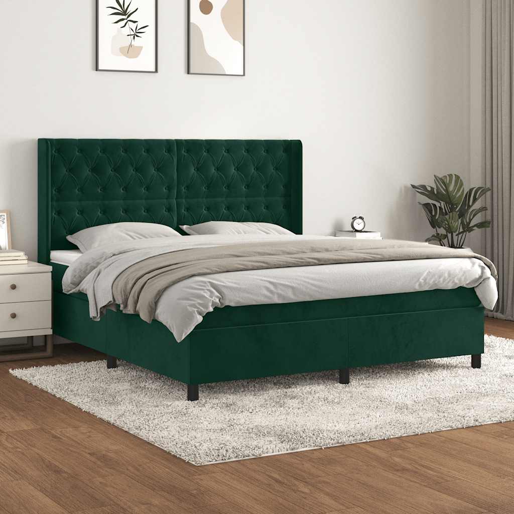 vidaXL Κρεβάτι Boxspring με Στρώμα Σκούρο Πράσινο 180x200εκ. Βελούδινο