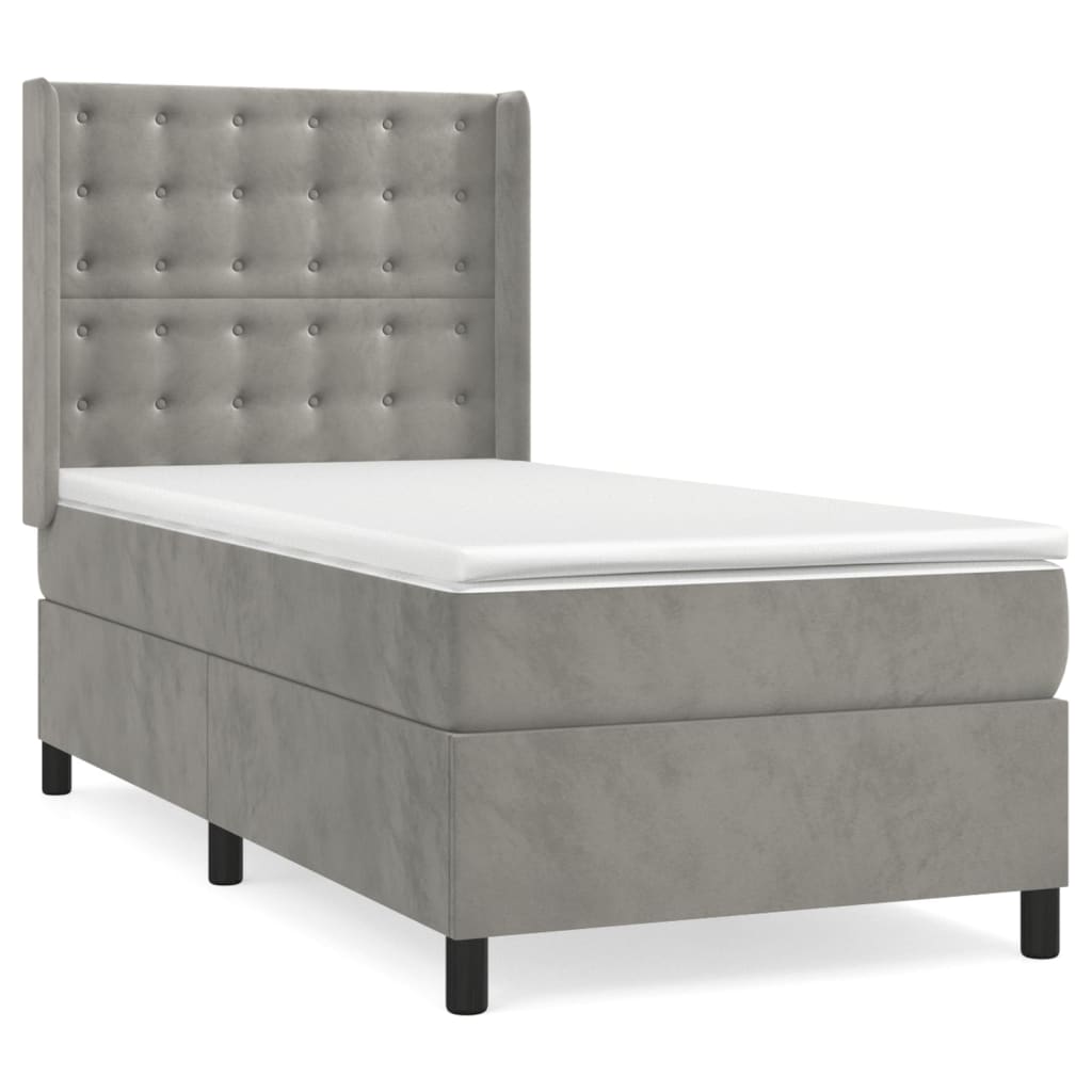 vidaXL Κρεβάτι Boxspring με Στρώμα Ανοιχτό Γκρι 90x190 εκ. Βελούδινο