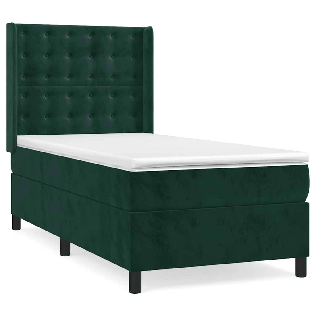 vidaXL Κρεβάτι Boxspring με Στρώμα Σκούρο Πράσινο 90x190 εκ. Βελούδινο
