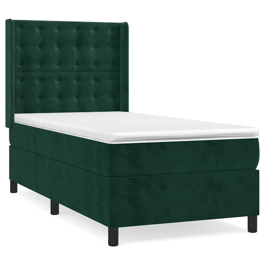 vidaXL Κρεβάτι Boxspring με Στρώμα Σκούρο Πράσινο 90x190 εκ. Βελούδινο