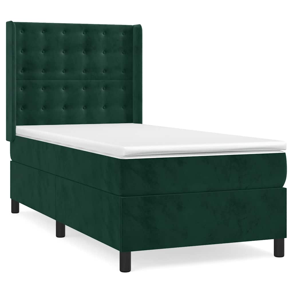 vidaXL Κρεβάτι Boxspring με Στρώμα Σκούρο Πράσινο 90x200 εκ. Βελούδινο