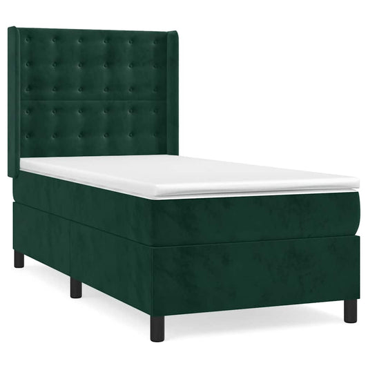 vidaXL Κρεβάτι Boxspring με Στρώμα Σκούρο Πράσινο 90x200 εκ. Βελούδινο