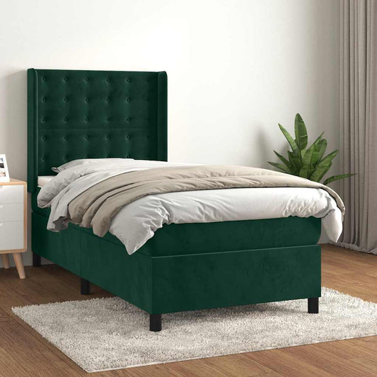 vidaXL Κρεβάτι Boxspring με Στρώμα Σκούρο Πράσινο 100x200εκ. Βελούδινο