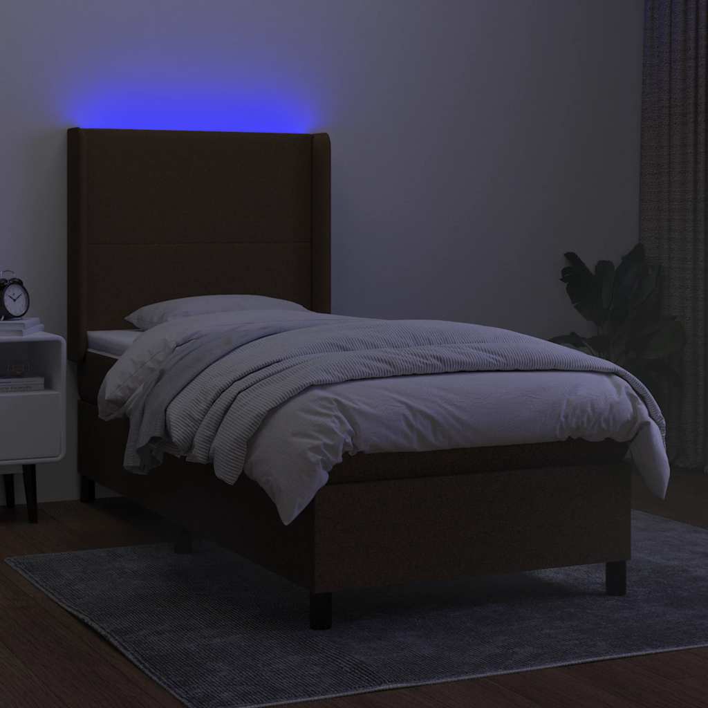 vidaXL Κρεβάτι Boxspring με Στρώμα & LED Σκ.Καφέ 90x190 εκ. Υφασμάτινο