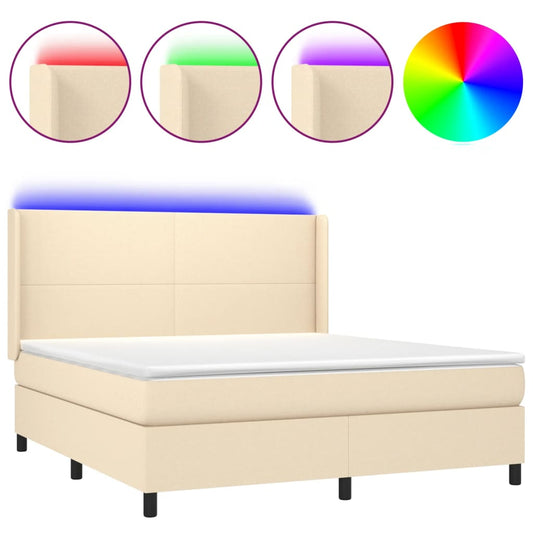 vidaXL Κρεβάτι Boxspring με Στρώμα & LED Κρεμ 180x200 εκ. Υφασμάτινο