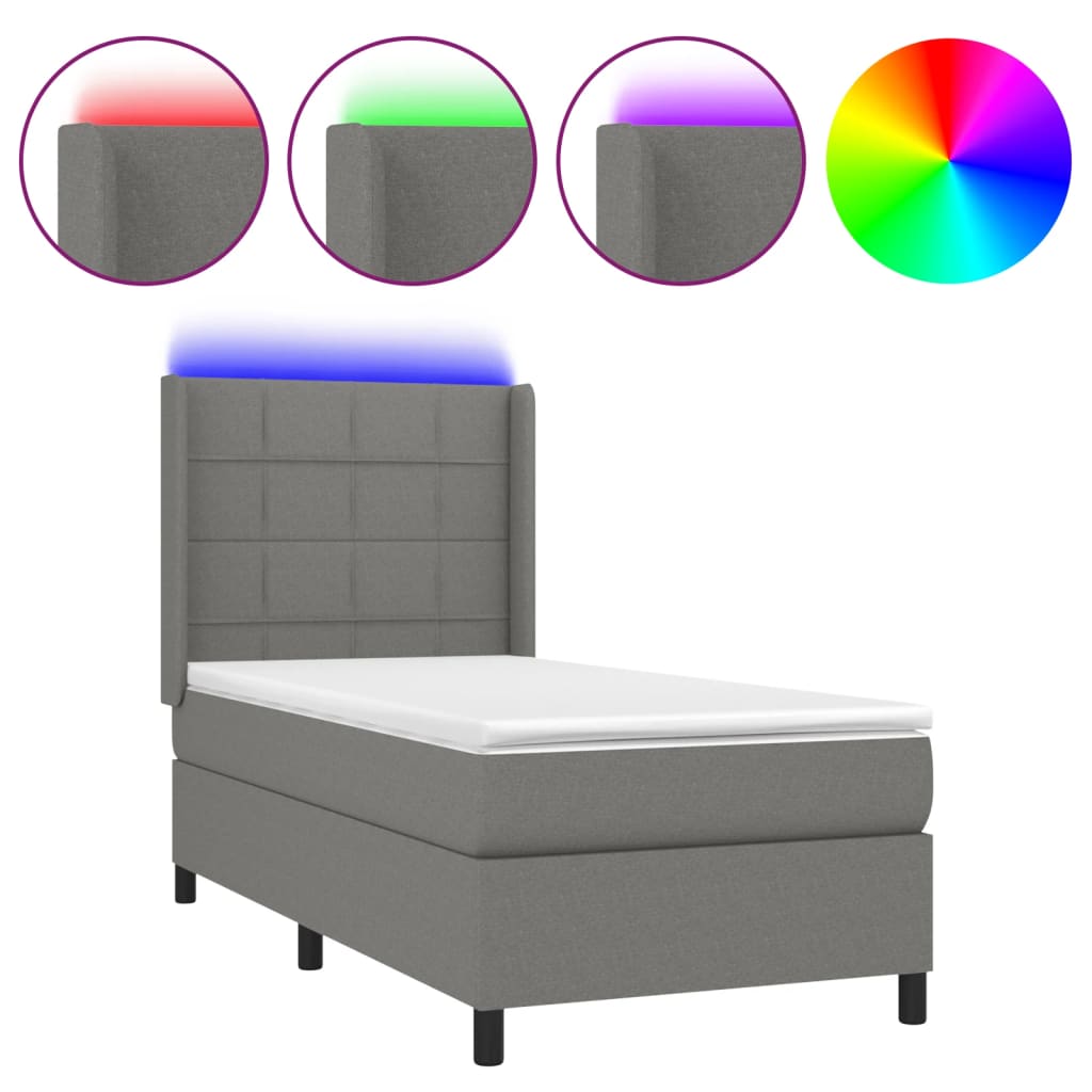 vidaXL Κρεβάτι Boxspring με Στρώμα & LED Σκ.Γκρι 80x200 εκ. Υφασμάτινο