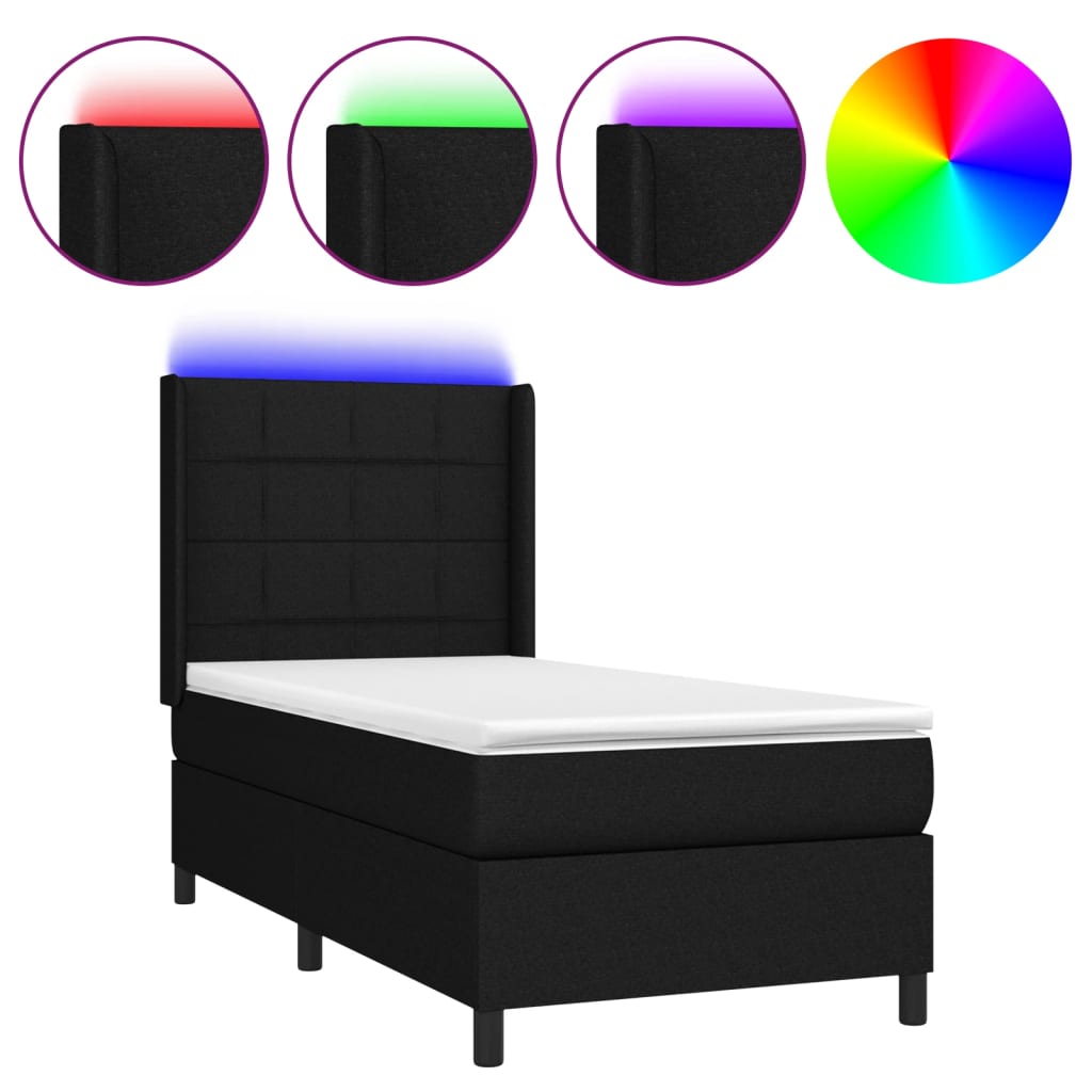vidaXL Κρεβάτι Boxspring με Στρώμα & LED Μαύρο 90x200 εκ. Υφασμάτινο