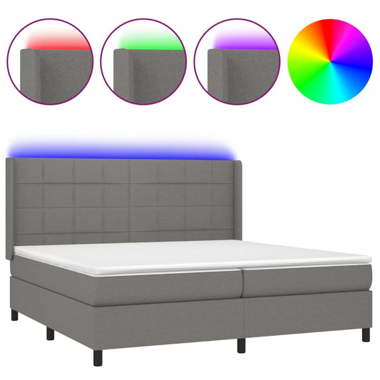 vidaXL Κρεβάτι Boxspring με Στρώμα & LED Σκ.Γκρι 200x200εκ. Υφασμάτινο