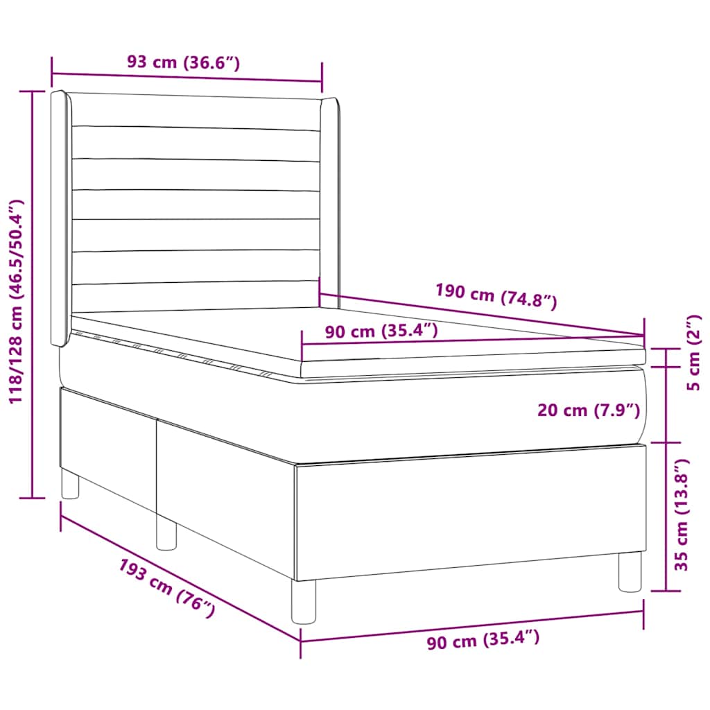 vidaXL Κρεβάτι Boxspring με Στρώμα & LED Taupe 90x190 εκ. Υφασμάτινο