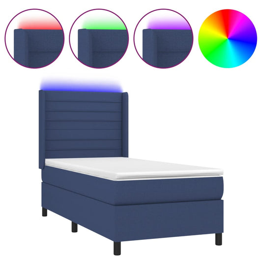 vidaXL Κρεβάτι Boxspring με Στρώμα & LED Μπλε 90x200 εκ. Υφασμάτινο