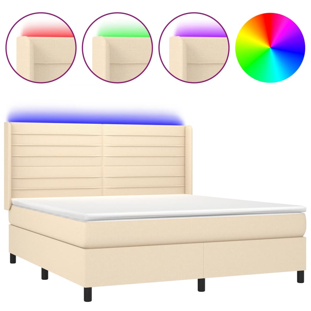 vidaXL Κρεβάτι Boxspring με Στρώμα & LED Κρεμ 180x200 εκ. Υφασμάτινο