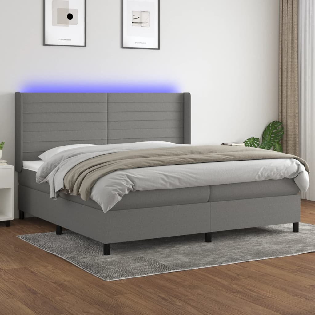 vidaXL Κρεβάτι Boxspring με Στρώμα & LED Σκ.Γκρι 200x200εκ. Υφασμάτινο
