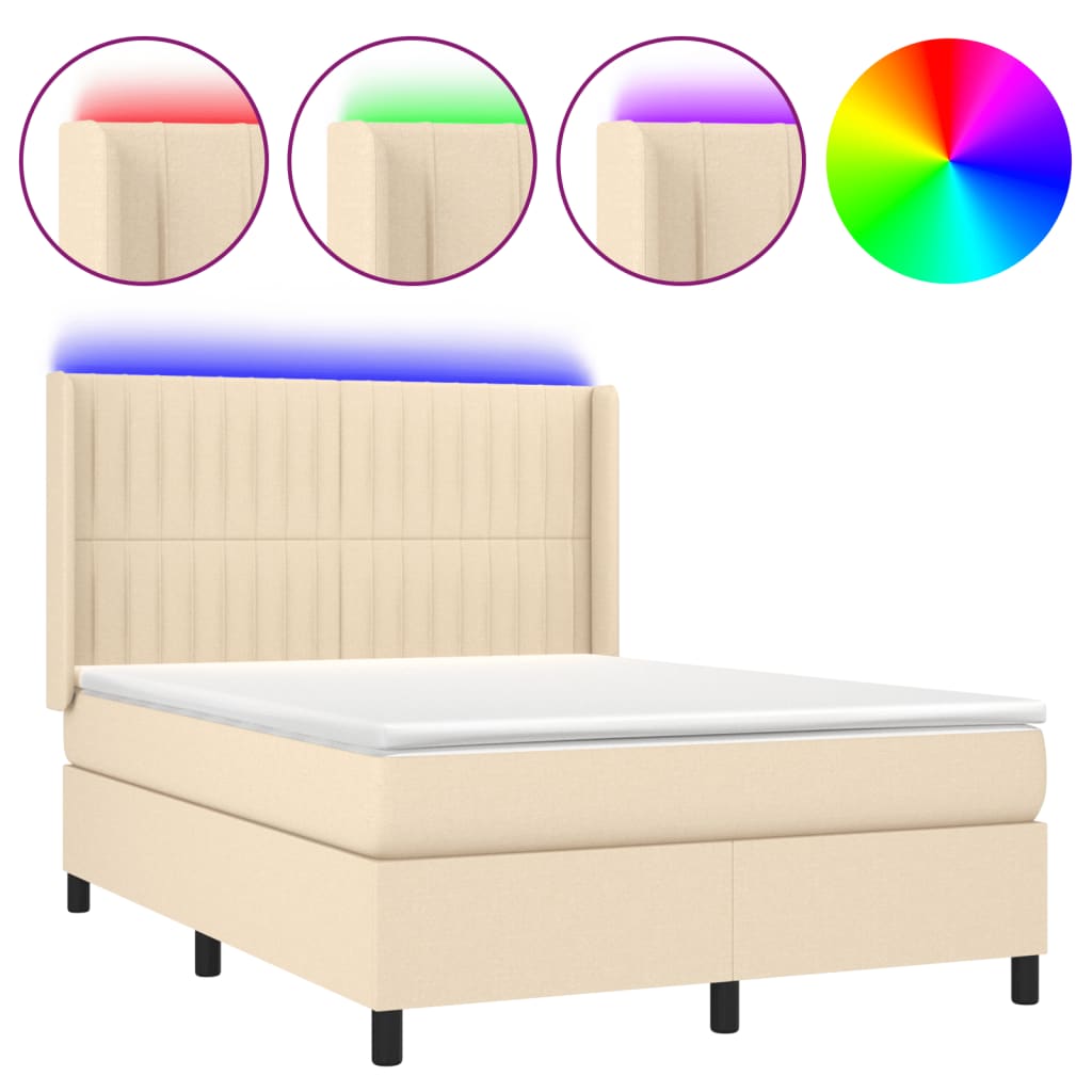 vidaXL Κρεβάτι Boxspring με Στρώμα & LED Κρεμ 140x200 εκ. Υφασμάτινο