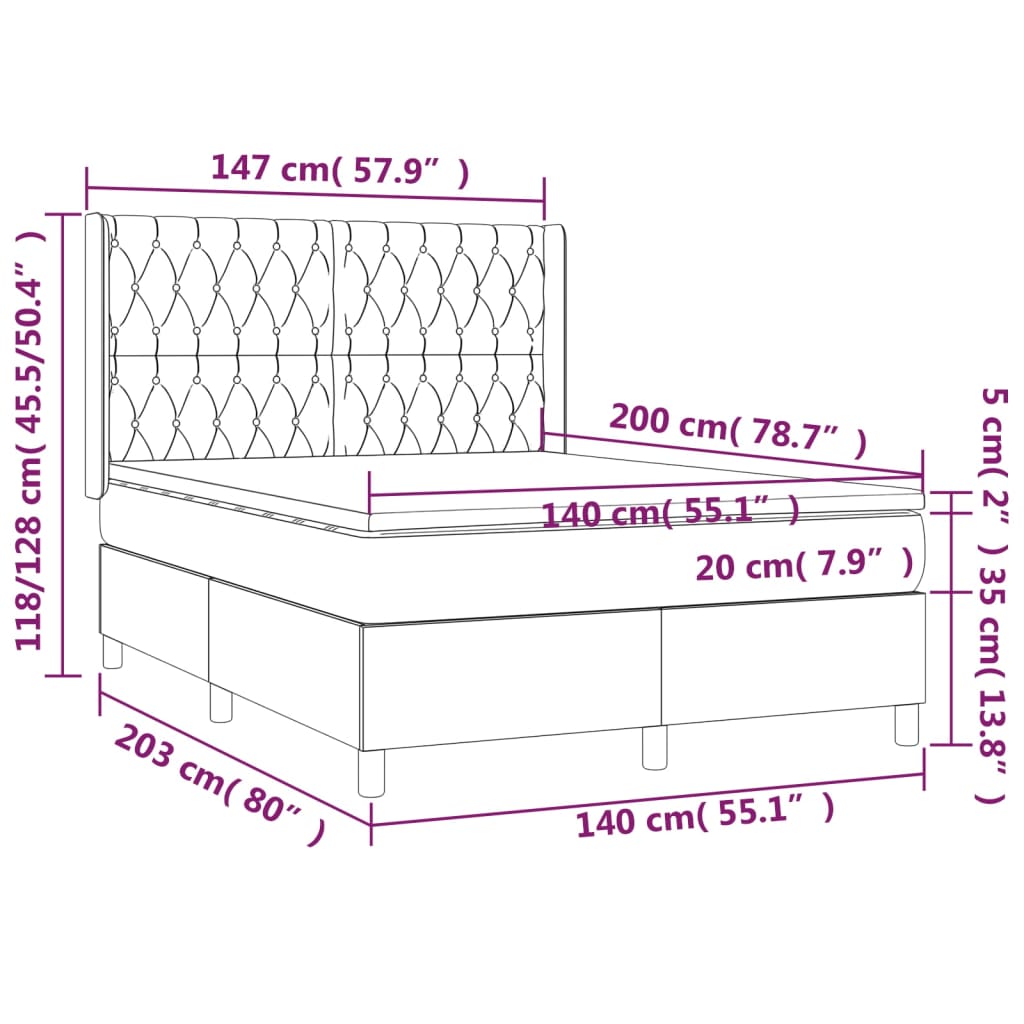 vidaXL Κρεβάτι Boxspring με Στρώμα & LED Αν.Γκρι 140x200εκ. Υφασμάτινο