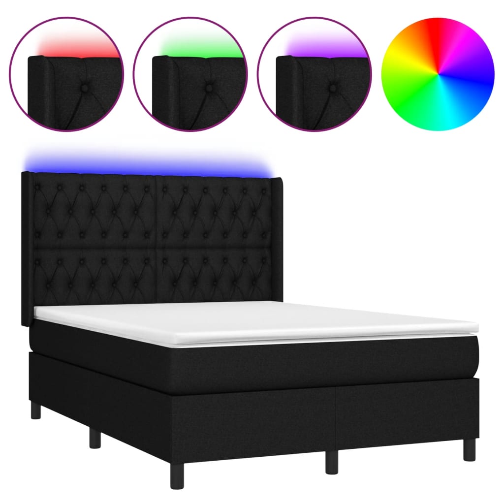 vidaXL Κρεβάτι Boxspring με Στρώμα & LED Μαύρο 140x200 εκ. Υφασμάτινο