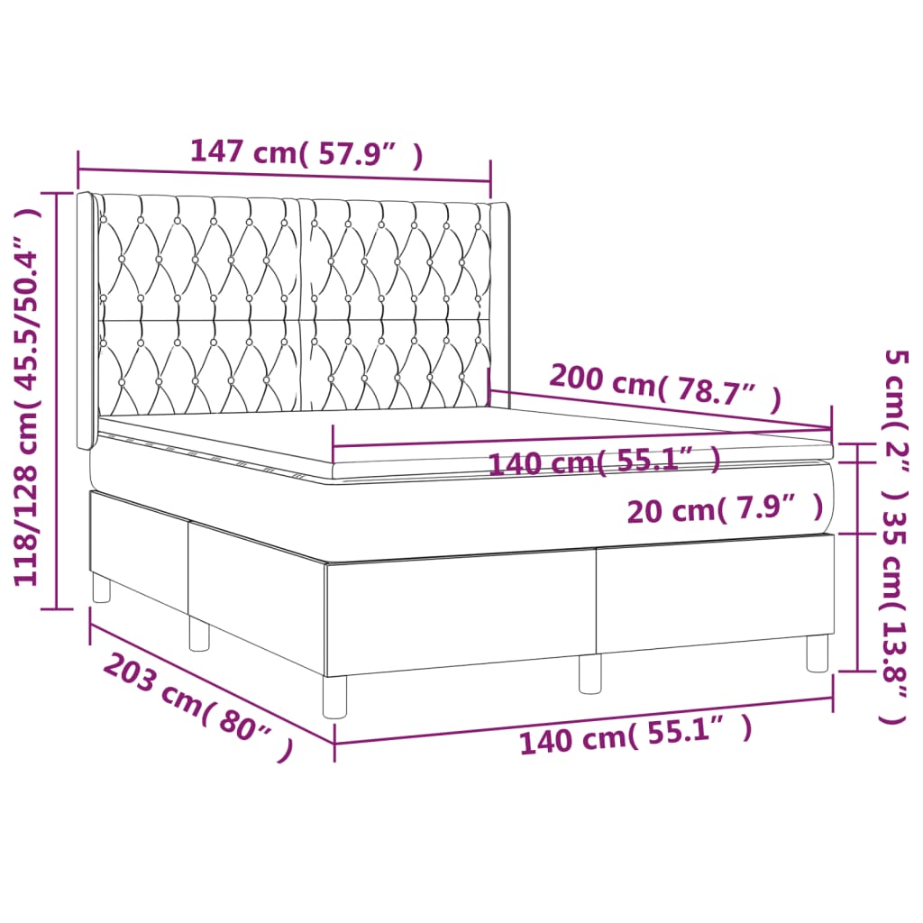 vidaXL Κρεβάτι Boxspring με Στρώμα & LED Μαύρο 140x200 εκ. Υφασμάτινο