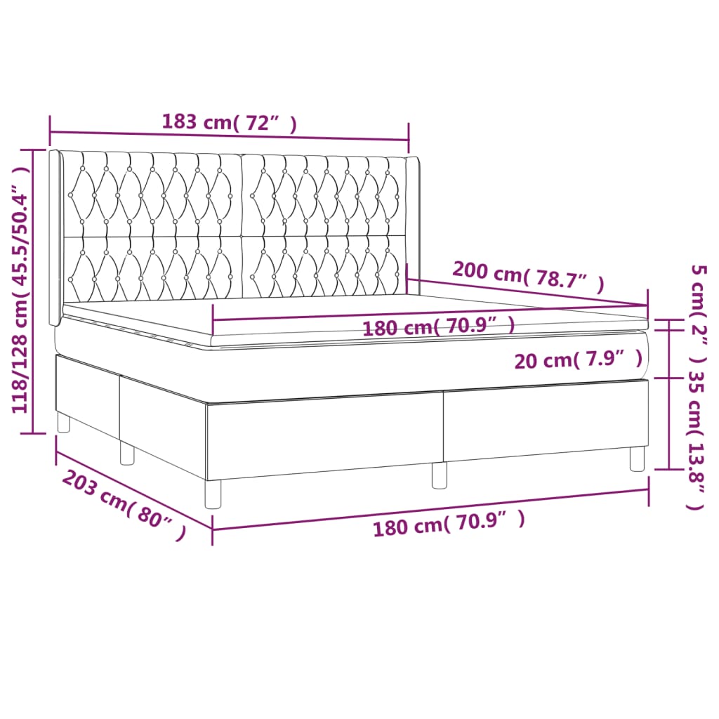 vidaXL Κρεβάτι Boxspring με Στρώμα & LED Σκ.Γκρι 180x200 εκ Υφασμάτινο
