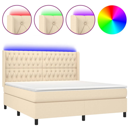 vidaXL Κρεβάτι Boxspring με Στρώμα & LED Κρεμ 180x200 εκ. Υφασμάτινο