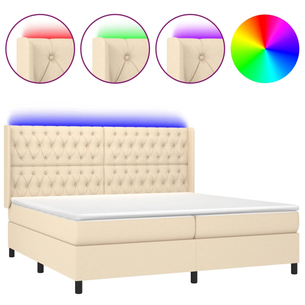 vidaXL Κρεβάτι Boxspring με Στρώμα & LED Κρεμ 200x200 εκ. Υφασμάτινο