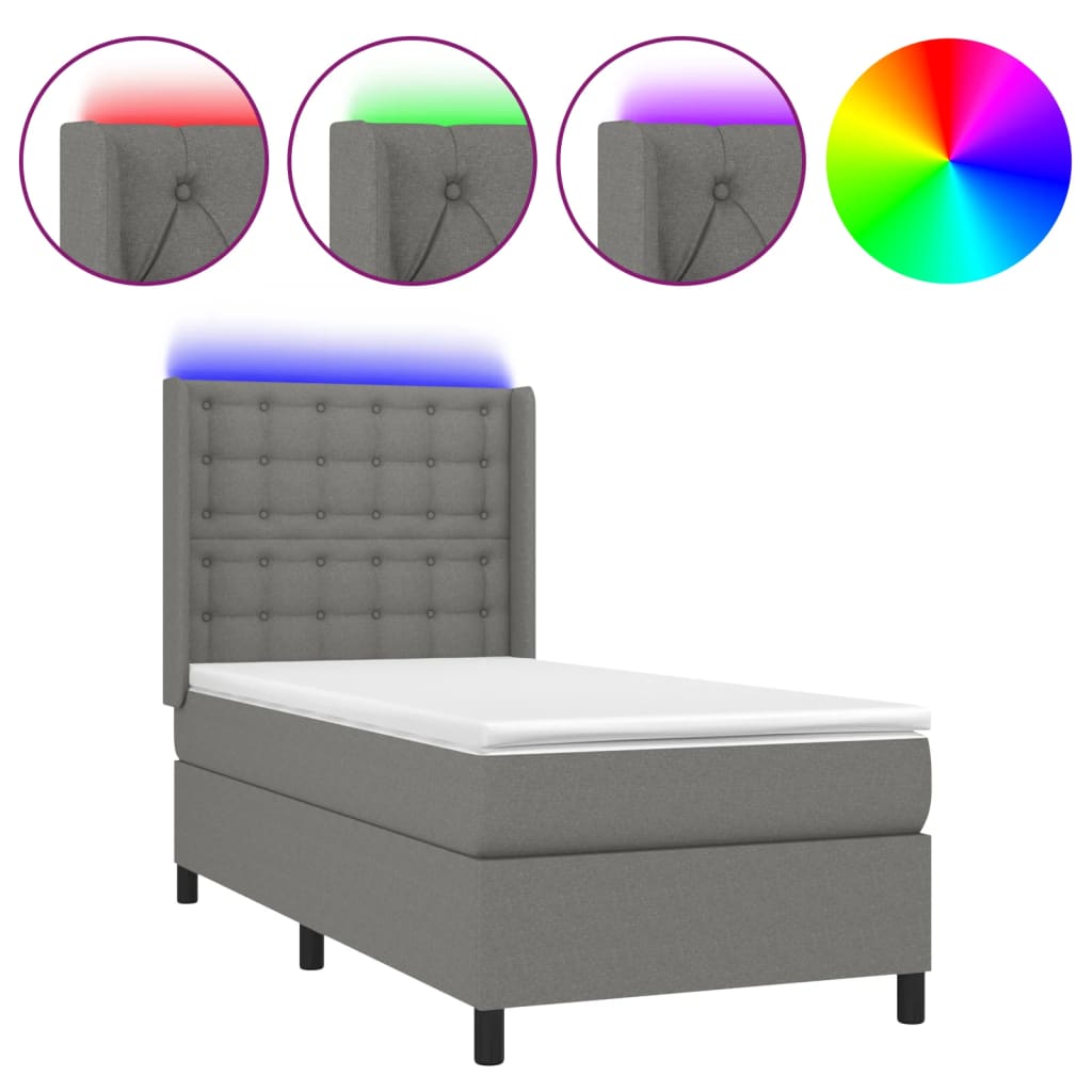 vidaXL Κρεβάτι Boxspring με Στρώμα & LED Σκ.Γκρι 100x200 εκ Υφασμάτινο