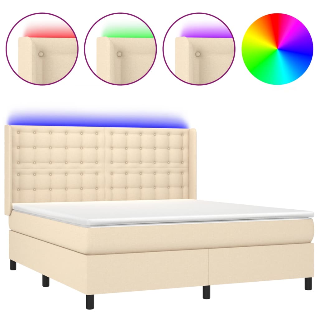 vidaXL Κρεβάτι Boxspring με Στρώμα & LED Κρεμ 160x200 εκ. Υφασμάτινο