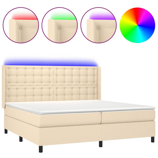 vidaXL Κρεβάτι Boxspring με Στρώμα & LED Κρεμ 200x200 εκ. Υφασμάτινο