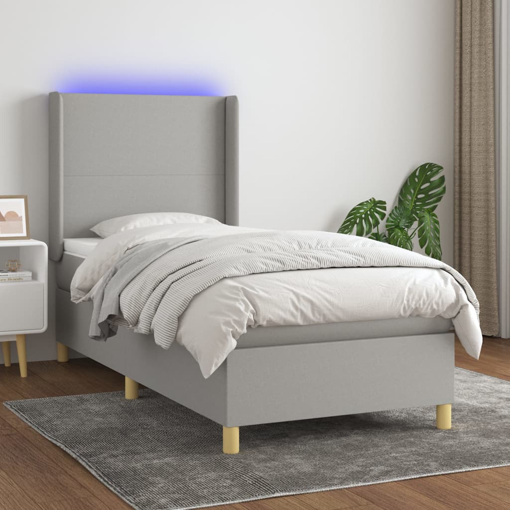 vidaXL Κρεβάτι Boxspring με Στρώμα & LED Αν.Γκρι 90x190 εκ. Υφασμάτινο