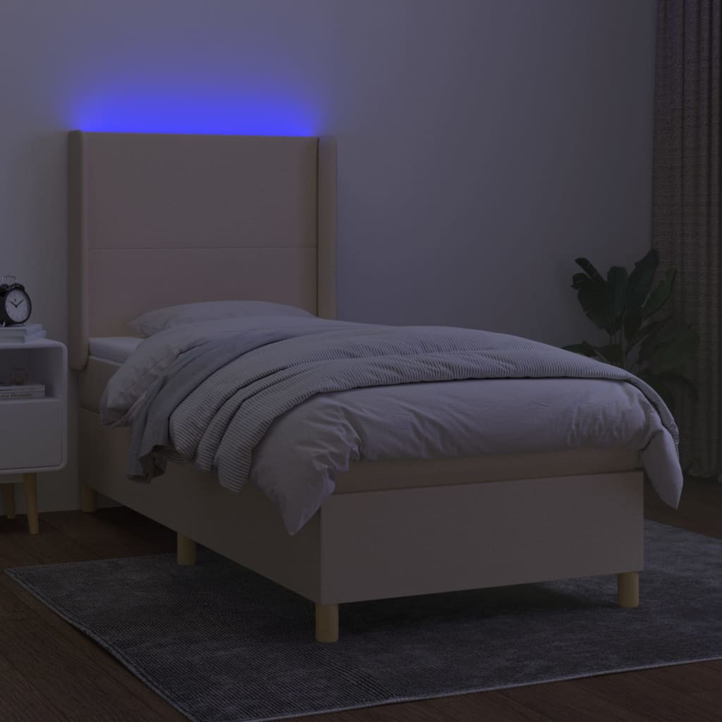 vidaXL Κρεβάτι Boxspring με Στρώμα & LED Κρεμ 90x190 εκ. Υφασμάτινο