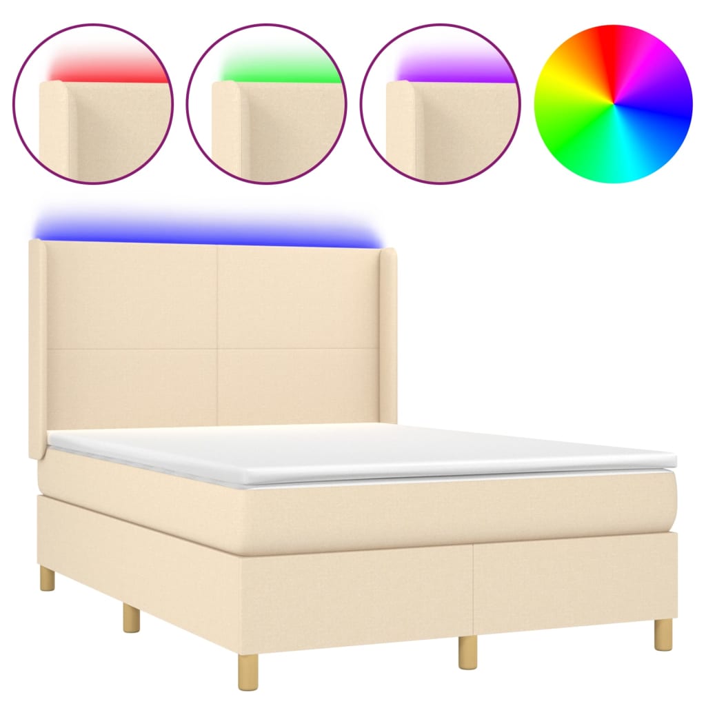 vidaXL Κρεβάτι Boxspring με Στρώμα & LED Κρεμ 140x200 εκ. Υφασμάτινο