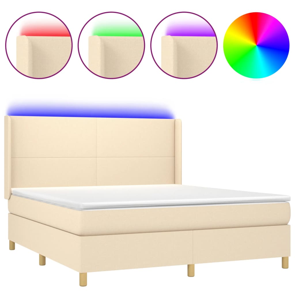 vidaXL Κρεβάτι Boxspring με Στρώμα & LED Κρεμ 180x200 εκ. Υφασμάτινο