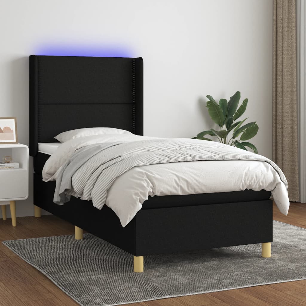 vidaXL Κρεβάτι Boxspring με Στρώμα & LED Μαύρο 100x200 εκ. Υφασμάτινο