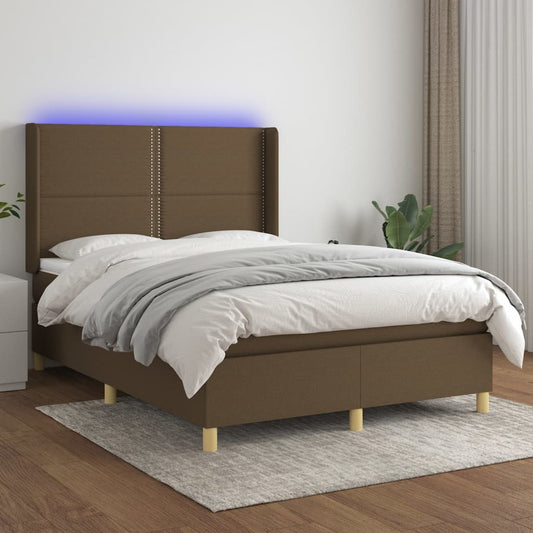 vidaXL Κρεβάτι Boxspring με Στρώμα & LED Σκ.Καφέ 140x200 εκ Υφασμάτινο
