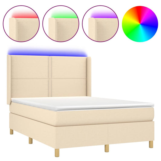 vidaXL Κρεβάτι Boxspring με Στρώμα & LED Κρεμ 140x200 εκ. Υφασμάτινο