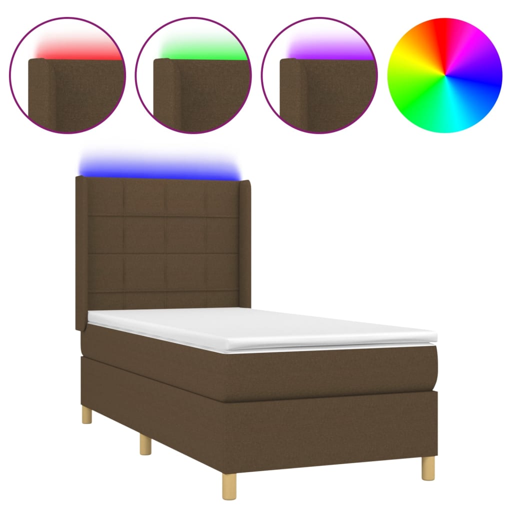 vidaXL Κρεβάτι Boxspring με Στρώμα & LED Σκ.Καφέ 100x200 εκ Υφασμάτινο