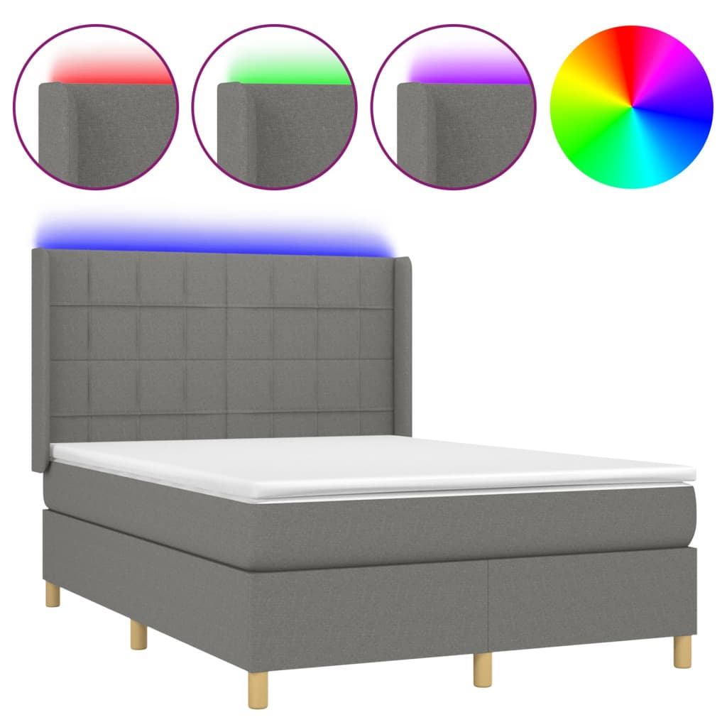 vidaXL Κρεβάτι Boxspring με Στρώμα & LED Σκ.Γκρι 140x190εκ. Υφασμάτινο