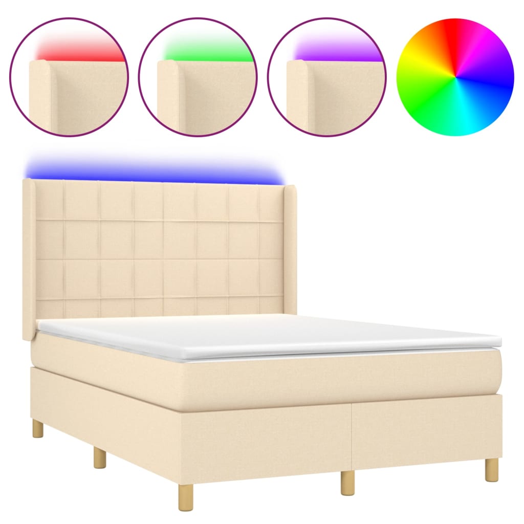 vidaXL Κρεβάτι Boxspring με Στρώμα & LED Κρεμ 140x190 εκ. Υφασμάτινο