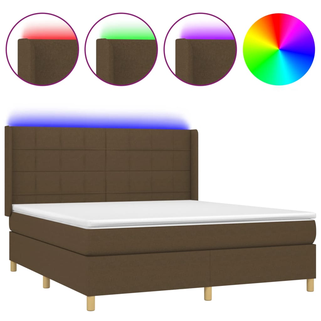 vidaXL Κρεβάτι Boxspring με Στρώμα & LED Σκ.Καφέ 180x200εκ. Υφασμάτινο